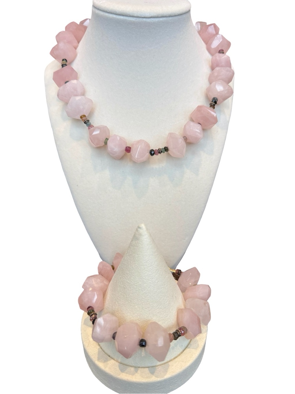 Luxury Artisan Gold Vermeil Faceted Rose Quartz & Tourmaline Necklace & Brac Set